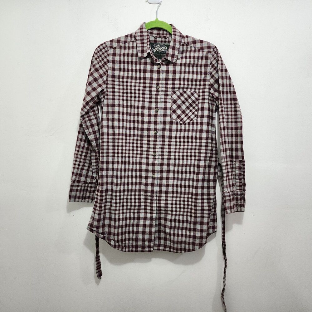 Roots Canada Plaid Flannel Pocket Button Front Tunic Shirt Burgundy Gray Size XS